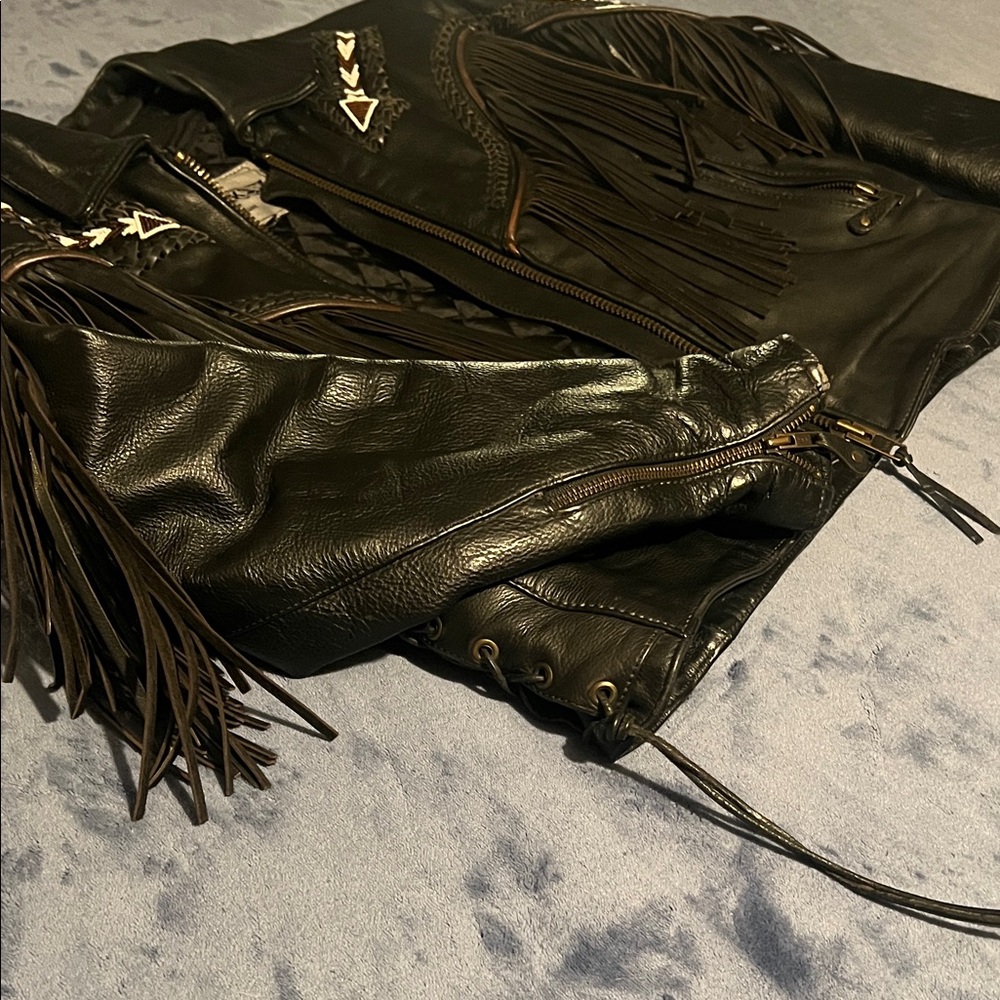 Vintage Unik Black Leather Jacket with Fringe, Beads & Braiding - Picture 5 of 16